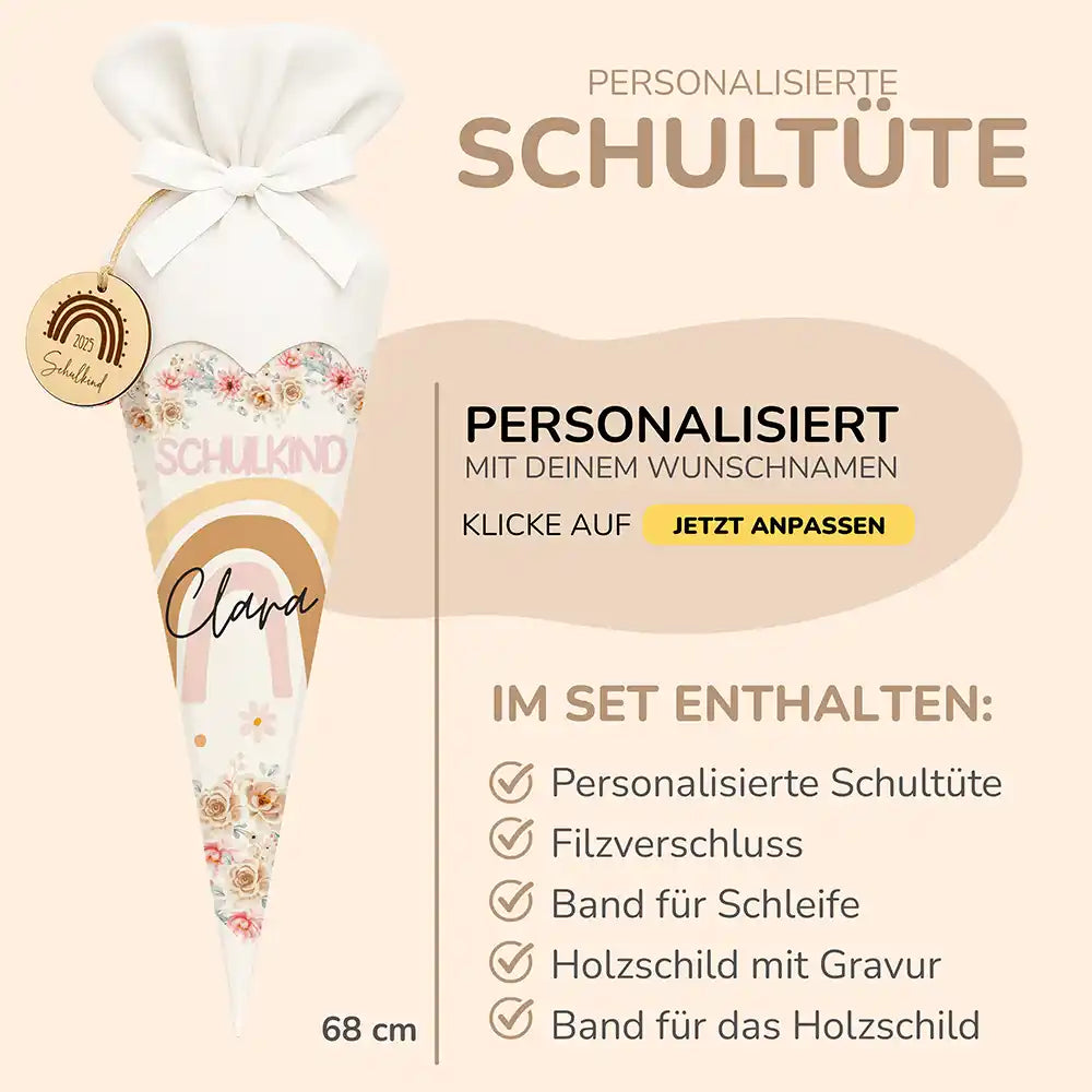 Personalisierte Schultüte mit Namen - Regenbogen mit Blumen