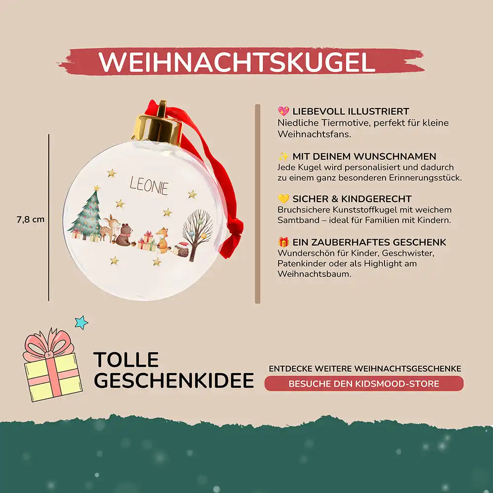 Weihnachtskugel personalisiert mit Namen - Flauschige Freunde im Schneewald