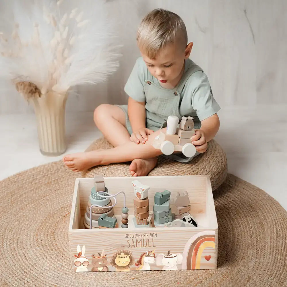 Spielzeugkiste personalisiert mit Namen - Boho Tiere