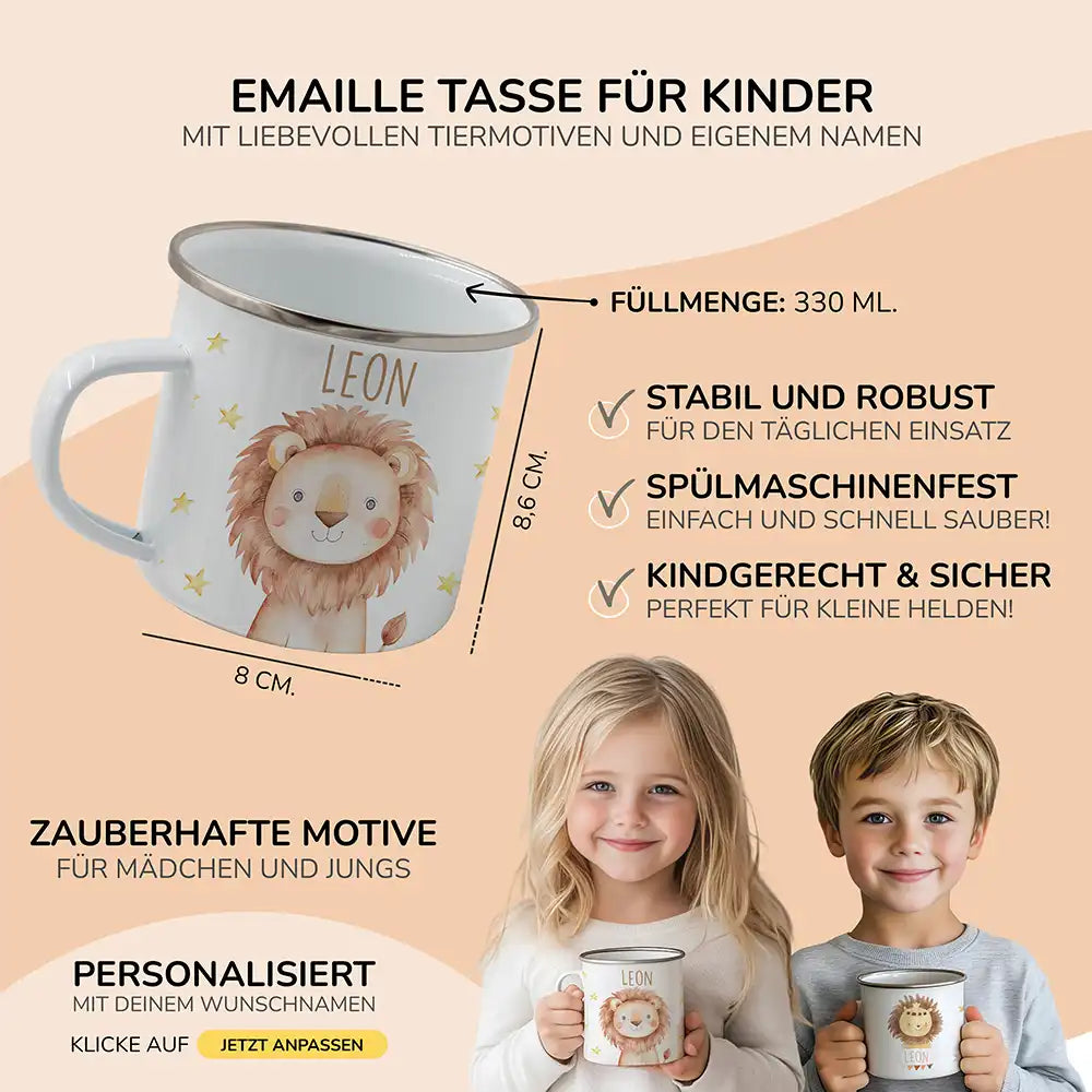 Emaille Kindertasse personalisiert - Löwe mit Sternen