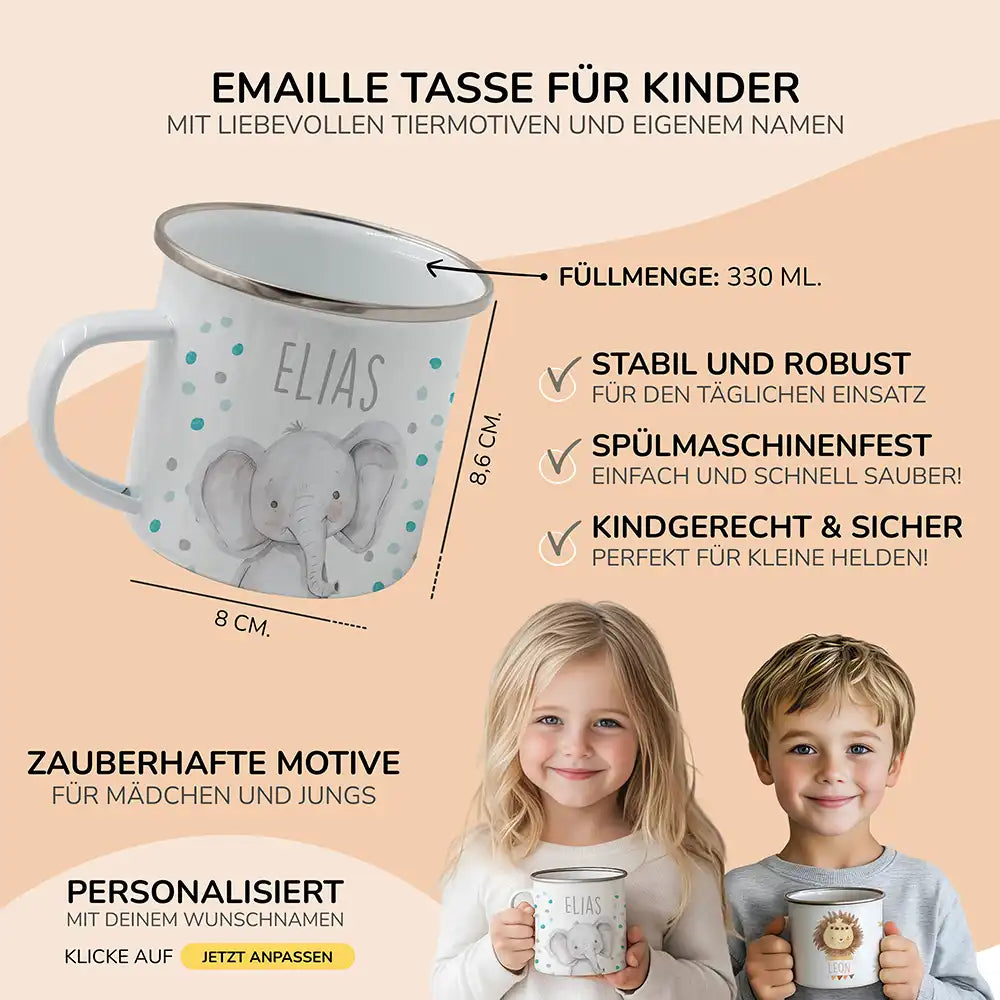 Emaille Kindertasse personalisiert - Elefant mit Punkten