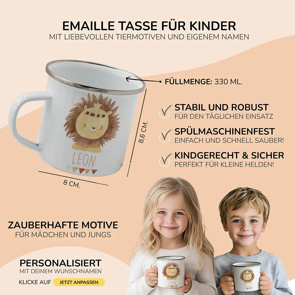 Emaille Kindertasse personalisiert - Löwe mit Girlande