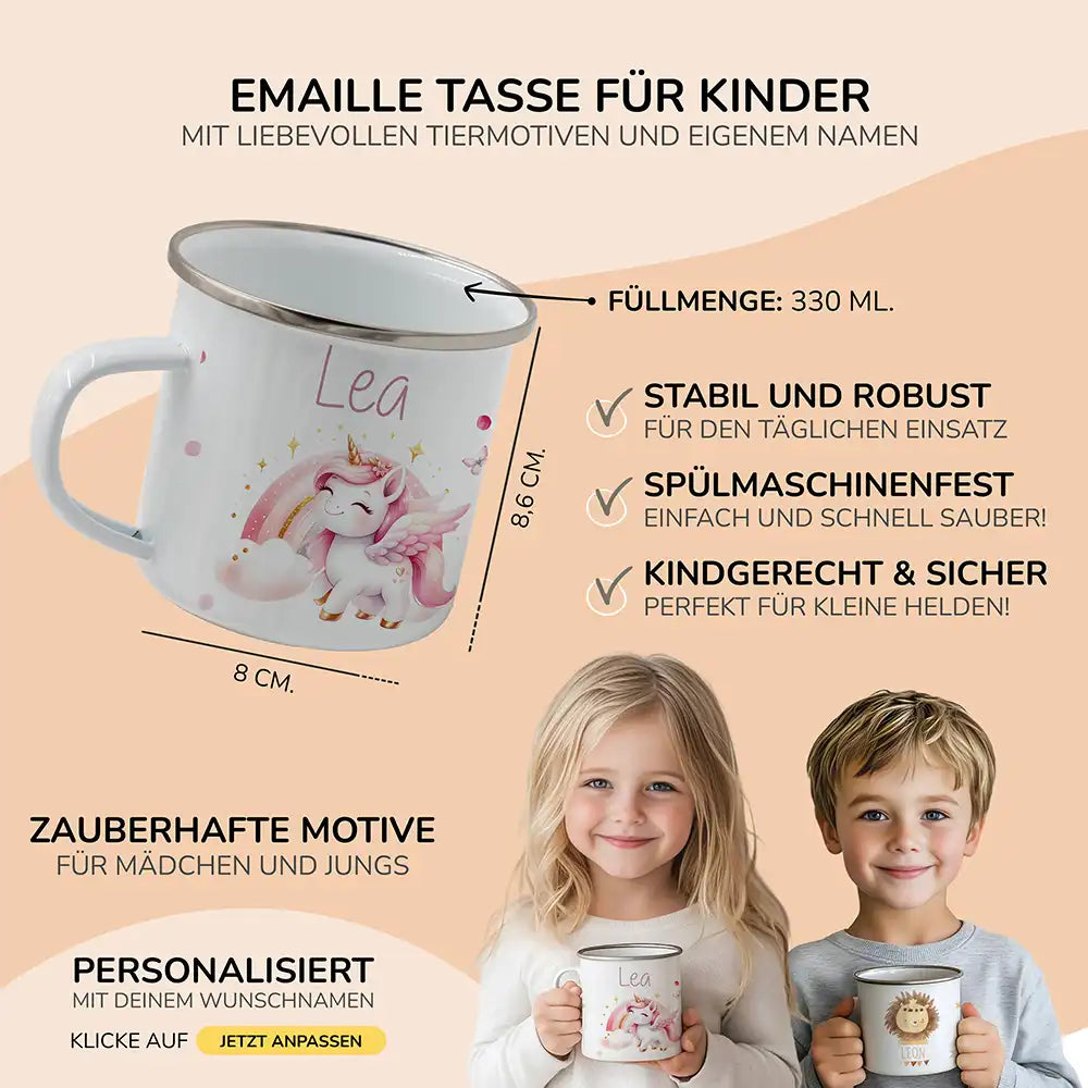 Emaille Kindertasse personalisiert - Einhorn und Sterne