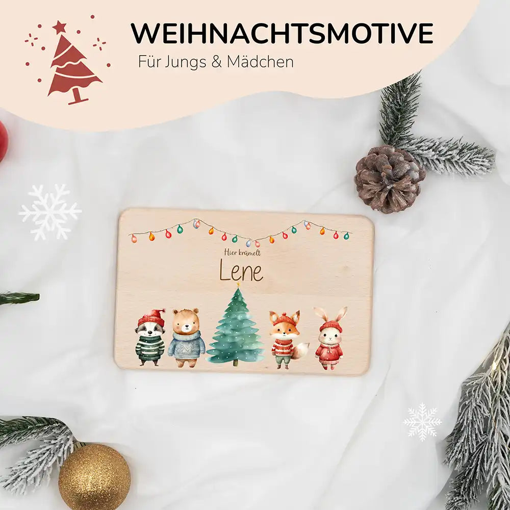 Frühstücksbrettchen Weihnachten mit Tieren und Lichterkette