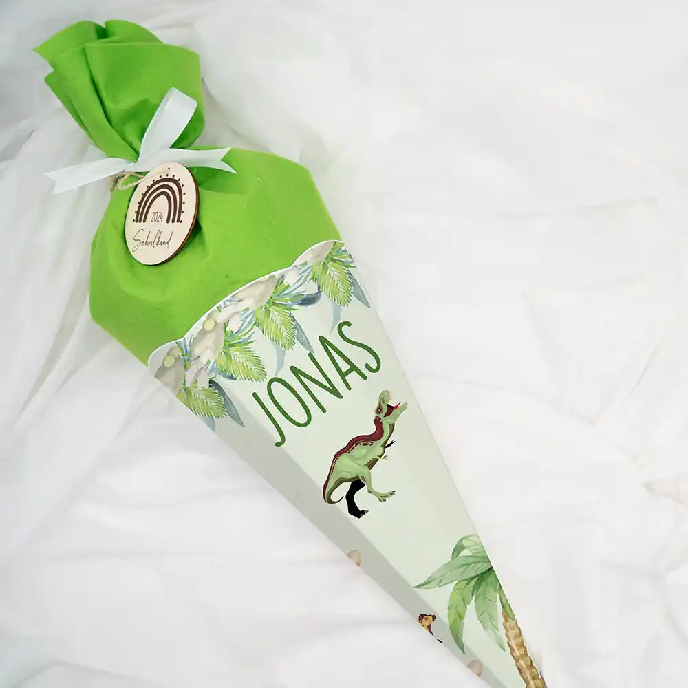 personalized school cone with dinosaur design