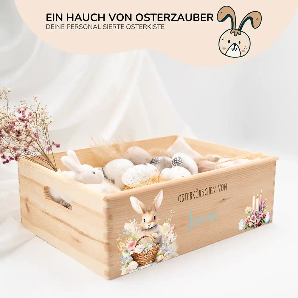 Osterkiste Holz personalisiert - Osterhase mit Kerzen