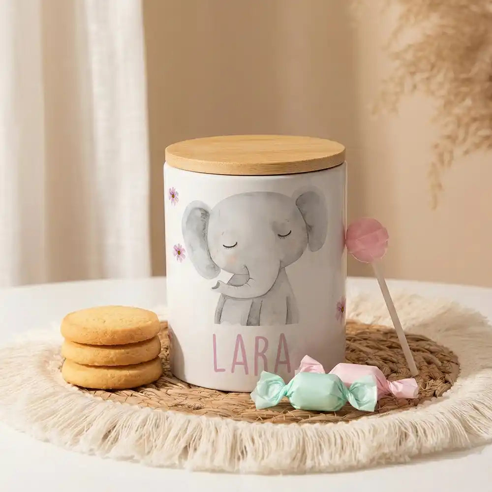 Personalisierte Keksdose Elefant Blumen aus Keramik mit Bambusdeckel - Wunschname - Kidsmood.de