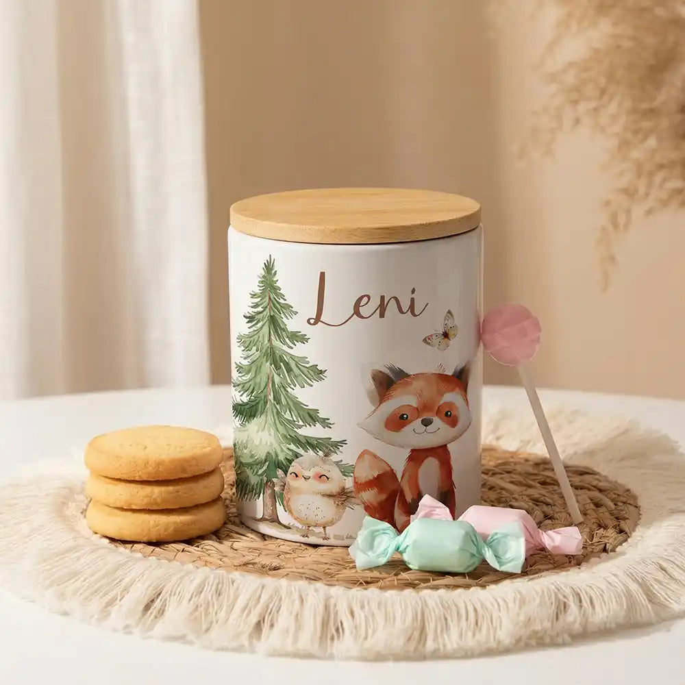 Personalisierte Keksdose Roter Panda & Eule aus Keramik mit Bambusdeckel - Wunschname - Kidsmood.de