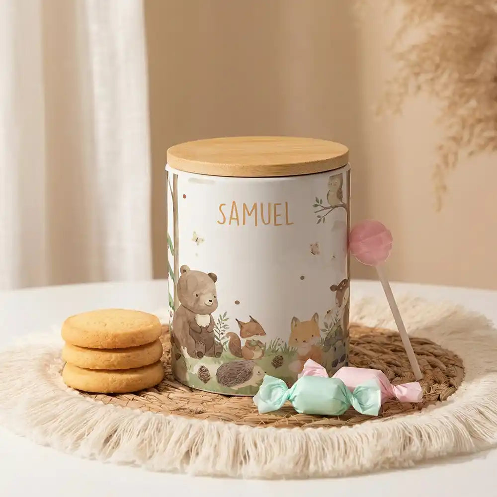 Personalisierte Keksdose Waldfreunde I aus Keramik mit Bambusdeckel - Wunschname - Kidsmood.de