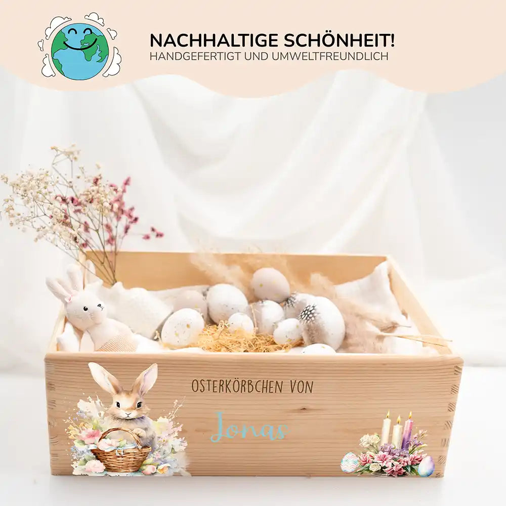 Osterkiste Holz personalisiert - Osterhase mit Kerzen