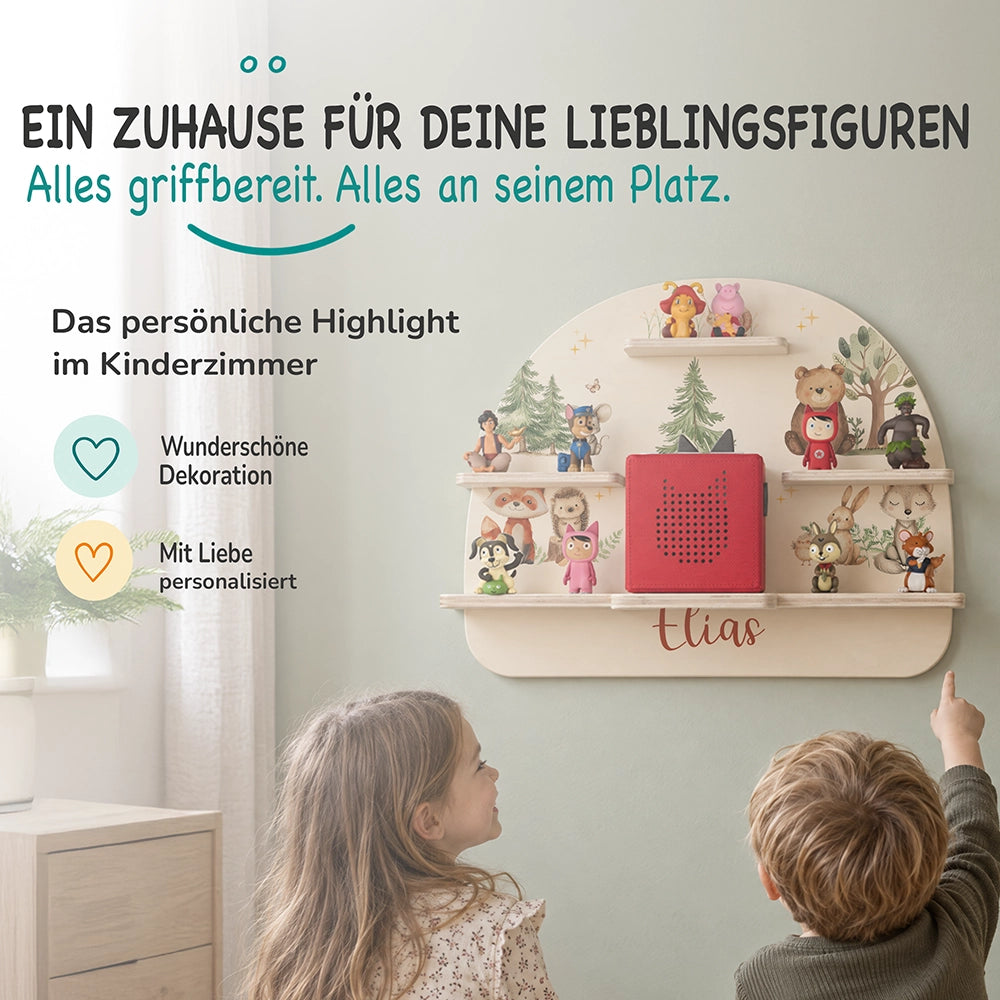 Tonie Regal aus Holz, Toniebox Regal personalisiert fröhliche Waldtiere