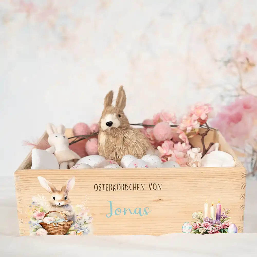 Osterkiste Holz personalisiert - Osterhase mit Kerzen