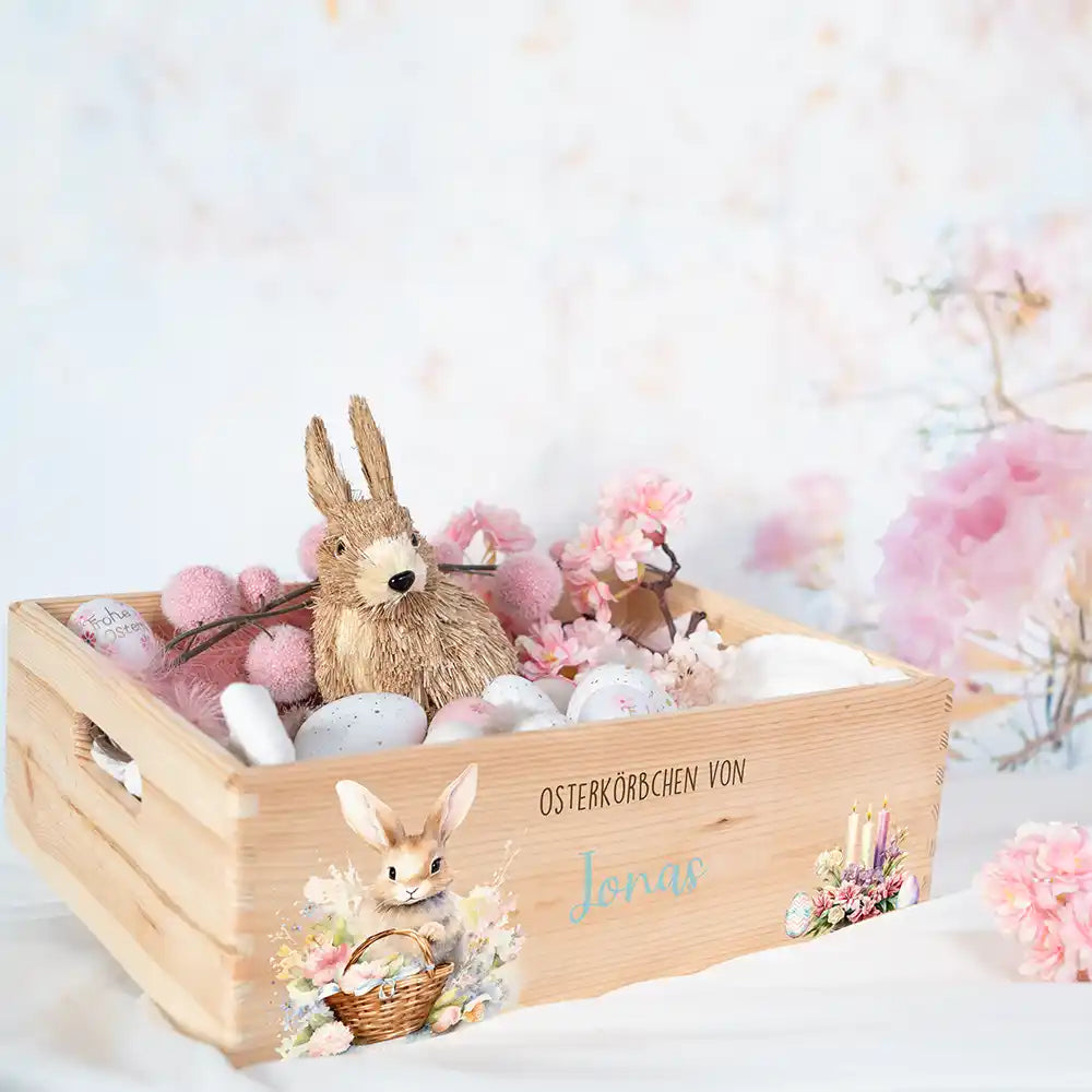 Osterkiste Holz personalisiert - Osterhase mit Kerzen