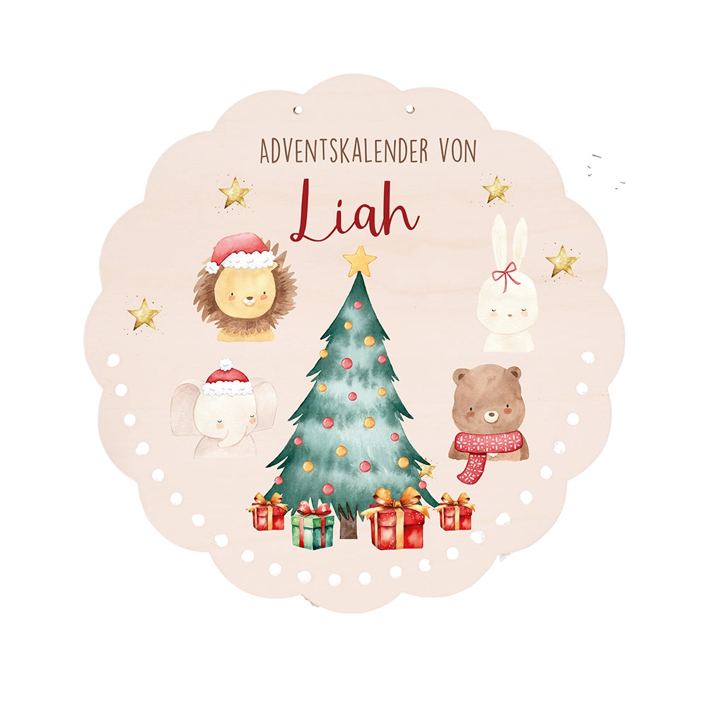 Personalisierter runder Adventskalender Kinder aus Holz  - Weihnachtliche Tierwelt
