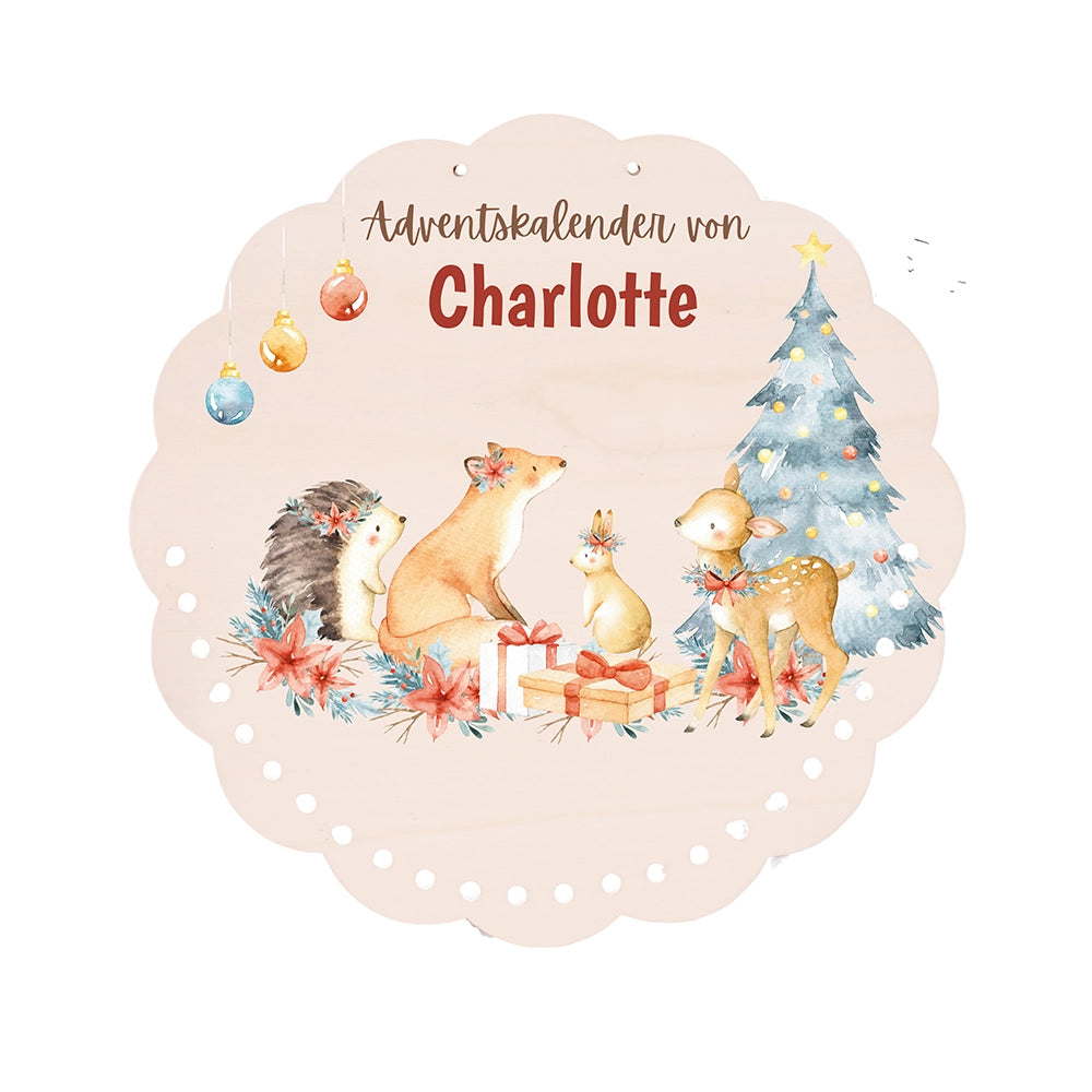 Personalisierter runder Adventskalender Kinder aus Holz  - Winterwaldtiere