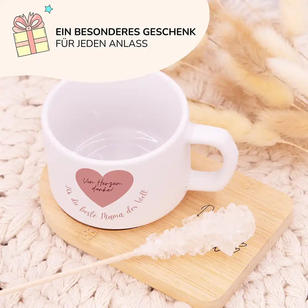 Besonderes Muttertagsgeschenk – personalisierte Keramiktasse Von Herzen danke – Rosa Herz