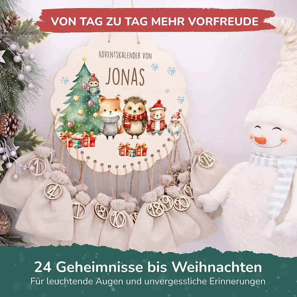 Personalisierter runder Adventskalender Kinder aus Holz  - Weihnachtsfreude