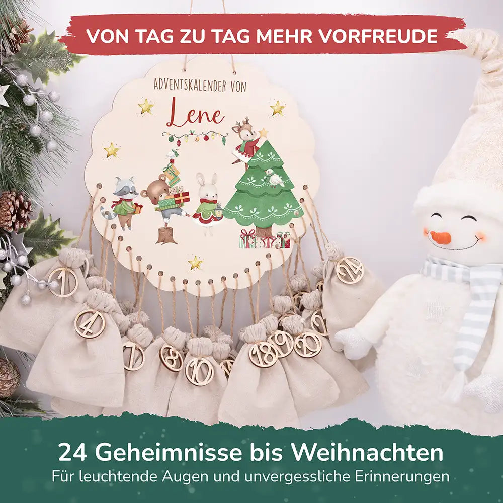 Personalisierter runder Adventskalender Kinder aus Holz  - Festliche Waldszene