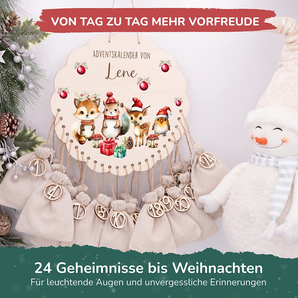 Personalisierter runder Adventskalender Kinder aus Holz  - Tierische Weihnachtsfeier