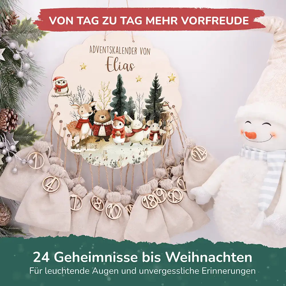 Personalisierter runder Adventskalender Kinder aus Holz  - Weihnachtsdorf