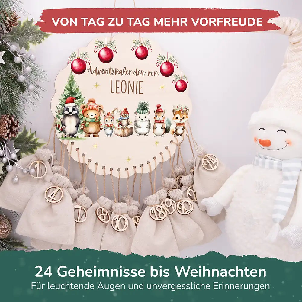 Personalisierter runder Adventskalender Kinder aus Holz  - Kuschelige Winterfreunde