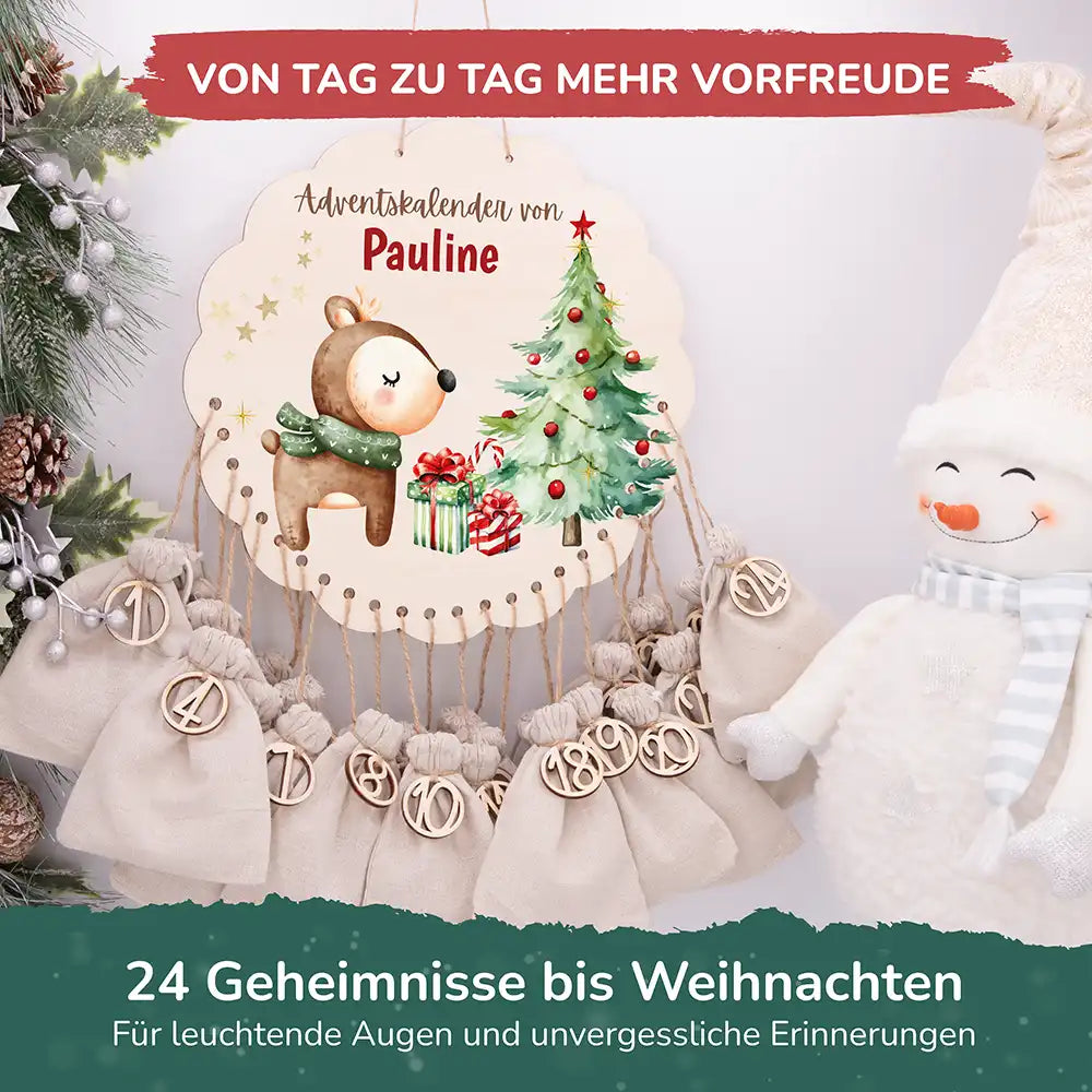 Personalisierter runder Adventskalender Kinder aus Holz  - Baby Reh