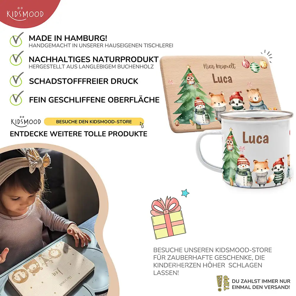 Weihnachts-Set Frühstücksbrettchen und  Emaille Tasse - Kuscheltier-Abenteuer