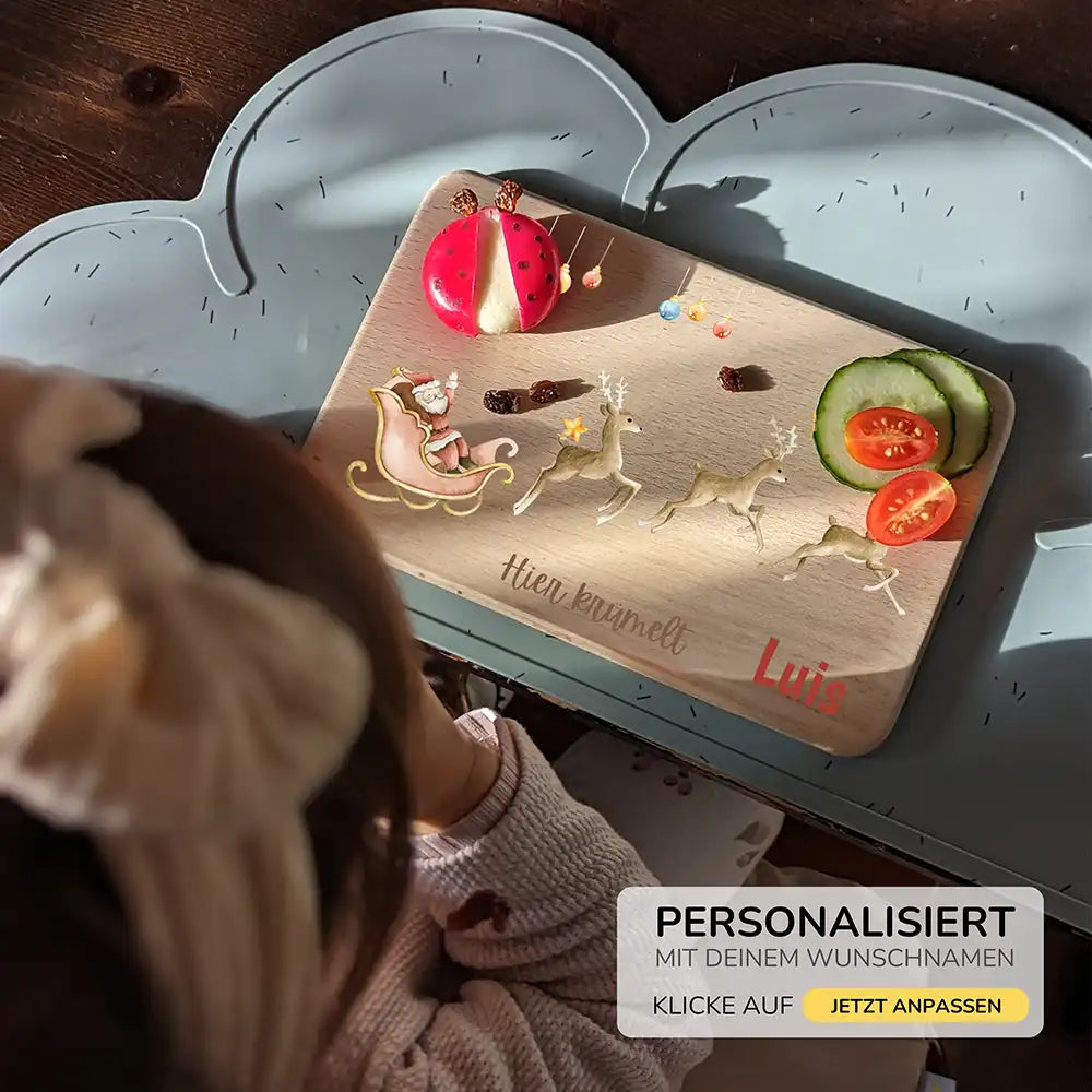 Weihnachts-Set Frühstücksbrettchen + Emaille Tasse - Rentier Schlitten