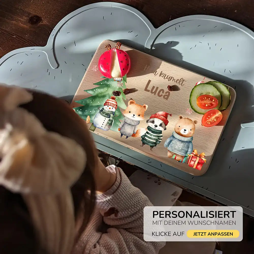 Weihnachts-Set Frühstücksbrettchen und  Emaille Tasse - Kuscheltier-Abenteuer