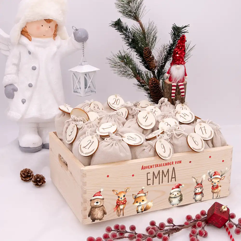 Personalisierte Adventskiste zum Befüllen - Tierfamilie Weihnachten
