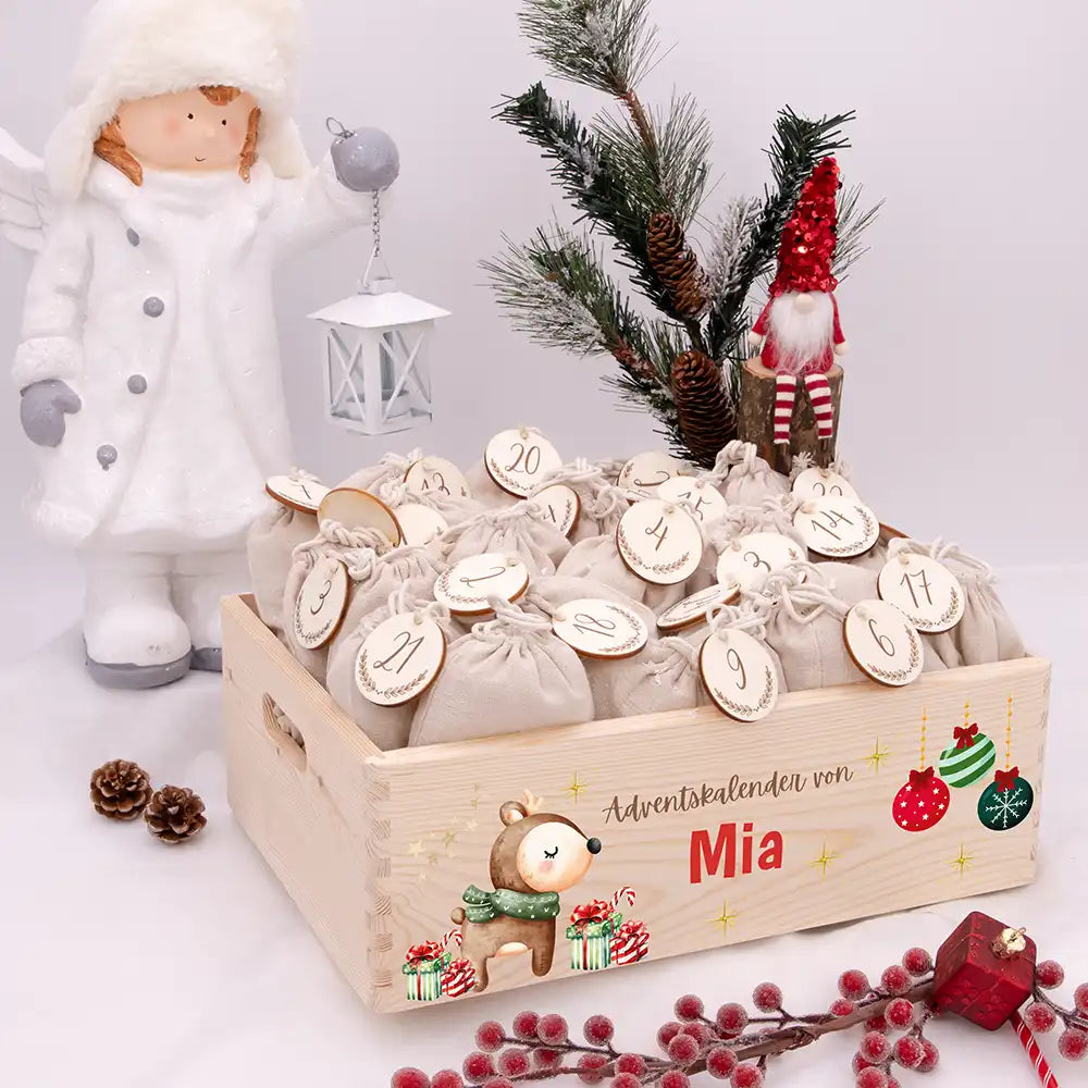Personalisierte Adventskiste zum Befüllen - Reh mit Geschenken