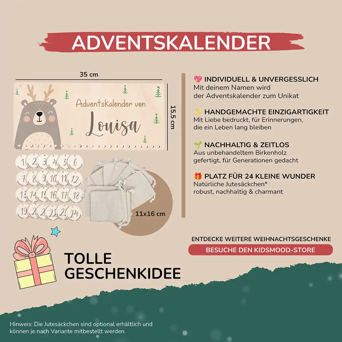 Personalisierbarer Adventskalender farbig - Rentier grau