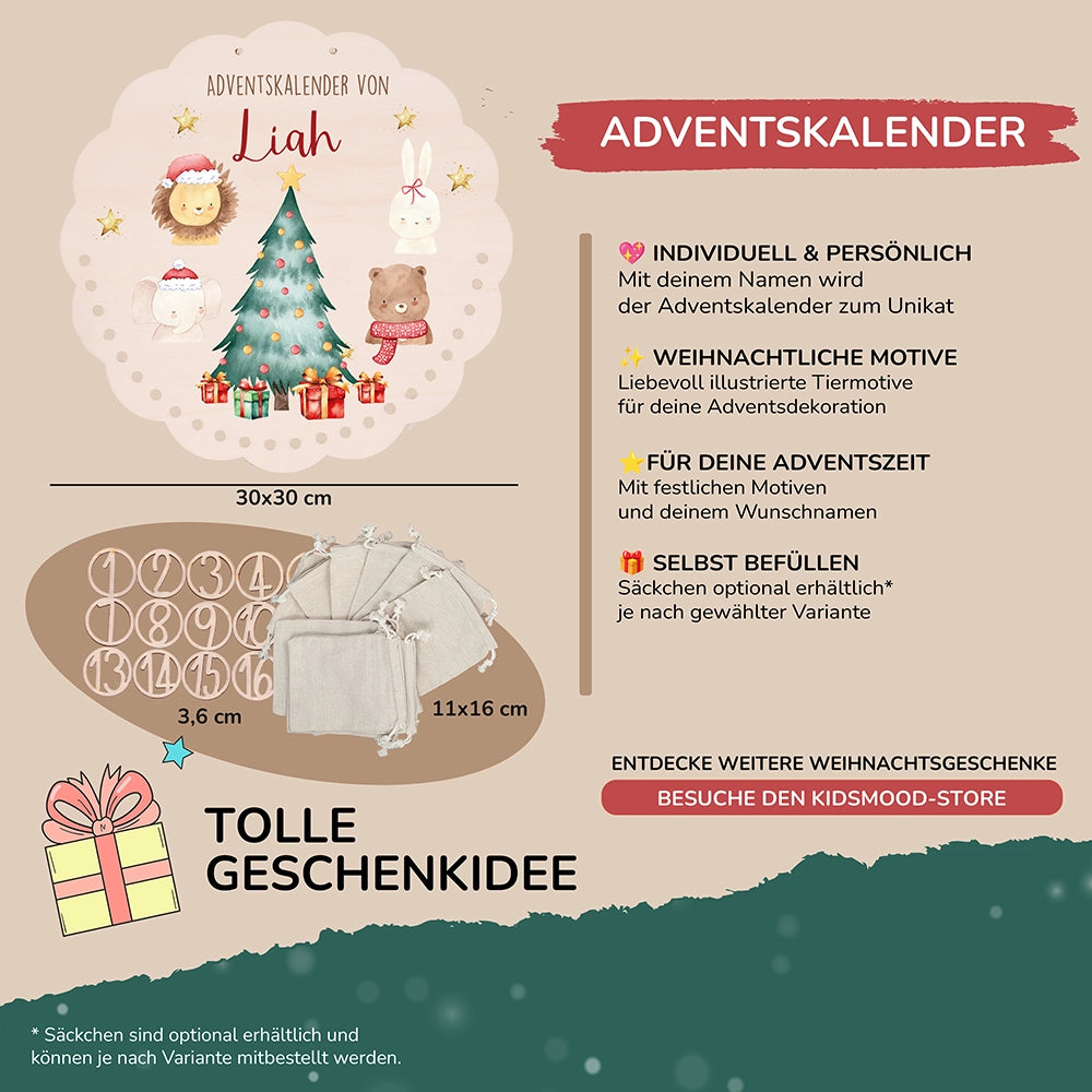 Personalisierter runder Adventskalender Kinder aus Holz  - Weihnachtliche Tierwelt