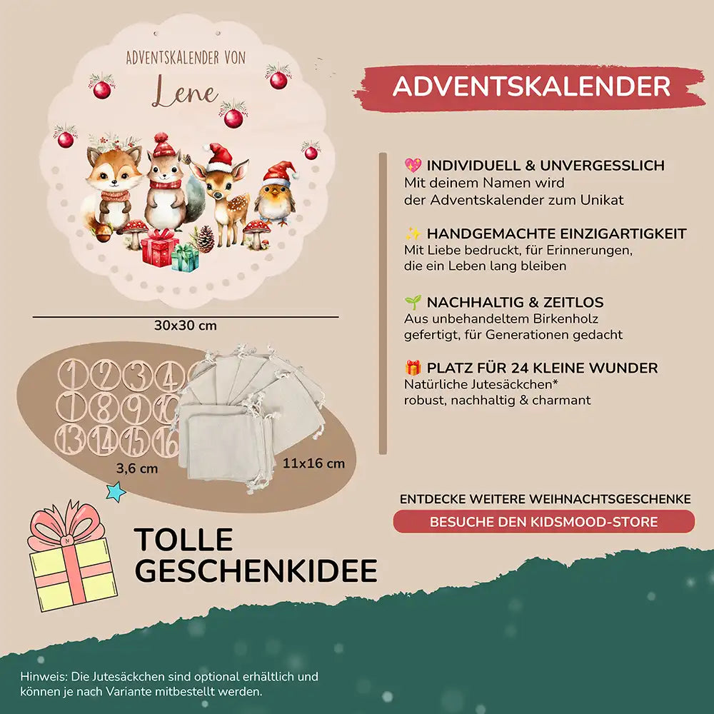 Personalisierter runder Adventskalender Kinder aus Holz  - Tierische Weihnachtsfeier