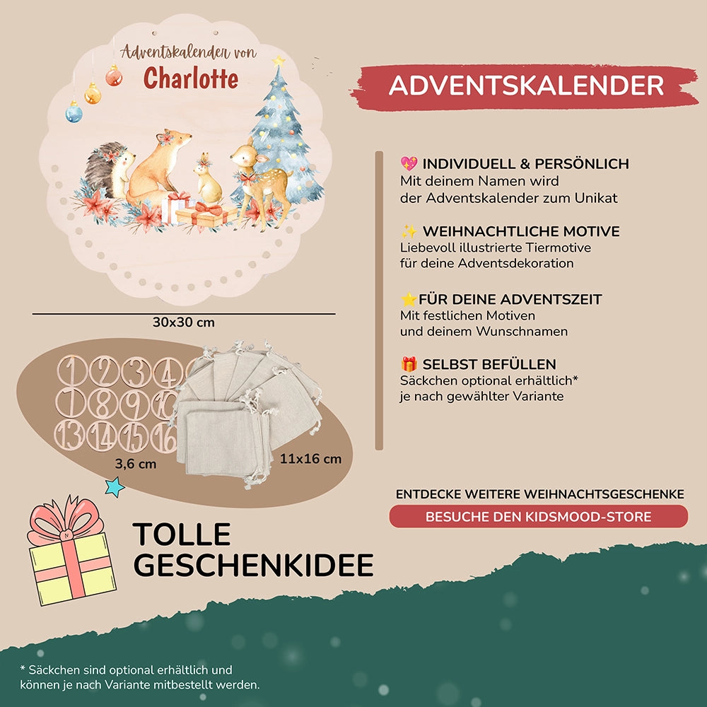 Personalisierter runder Adventskalender Kinder aus Holz  - Winterwaldtiere