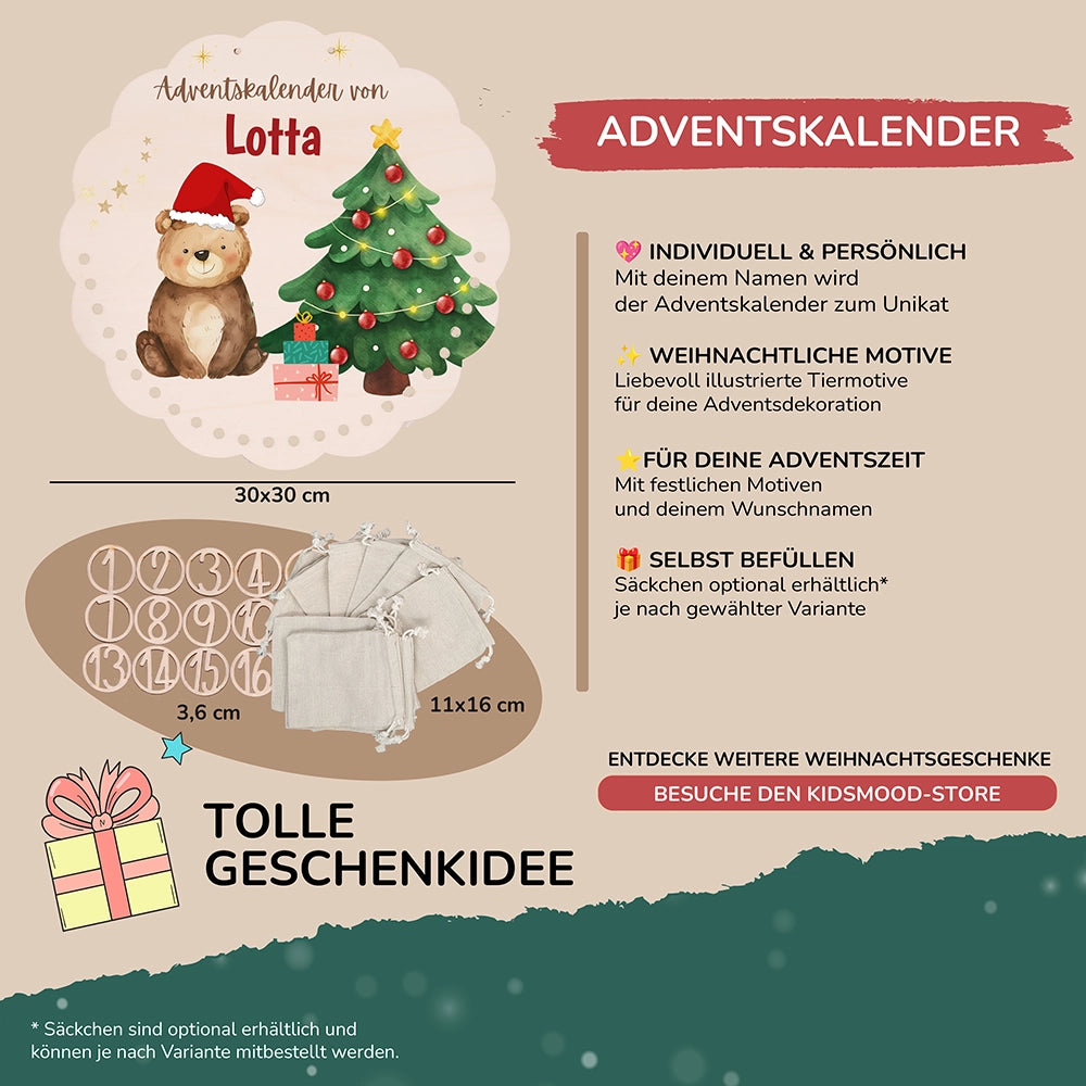 Personalisierter runder Adventskalender Kinder aus Holz  - Weihnachtsbär