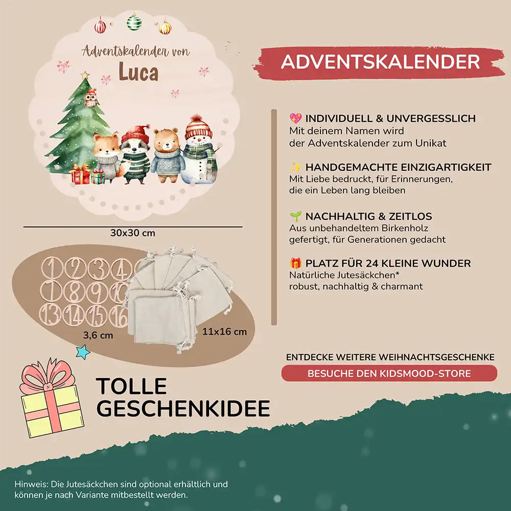 Personalisierter runder Adventskalender Kinder aus Holz  - Tierische Weihnachtsbande