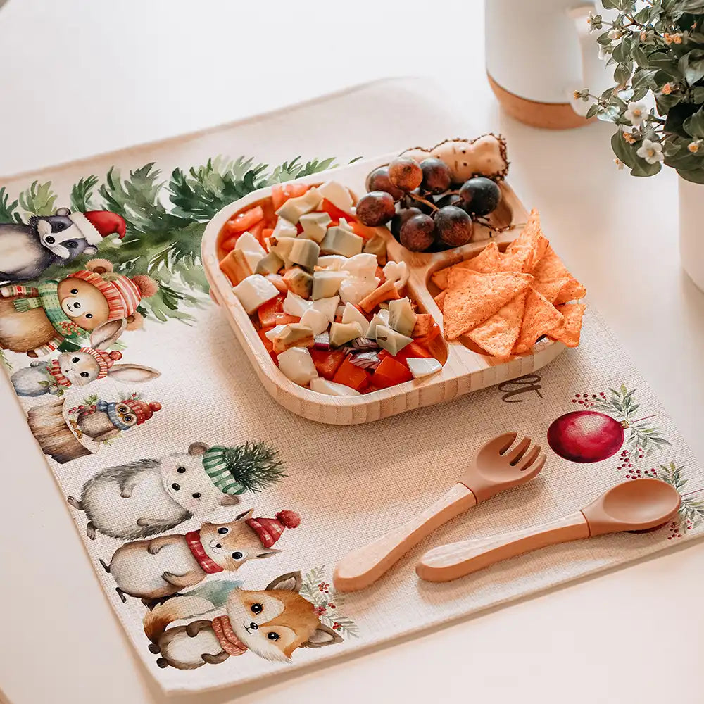Tischset Kinder personalisiert Weihnachtsmotiv - Glückliche Tiergesellschaft
