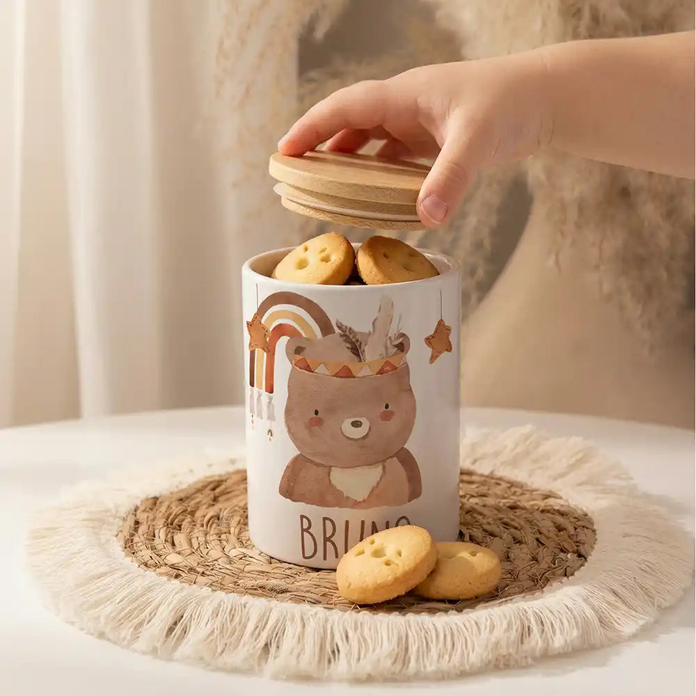 Personalisierte Keksdose Boho-Bär als Zahnbürsten- & Stiftehalter (2-in-1)