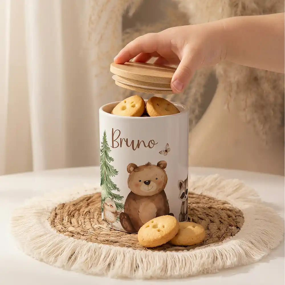 Personalisierte Keksdose Bär & Waschbär als Zahnbürsten- & Stiftehalter (2-in-1)
