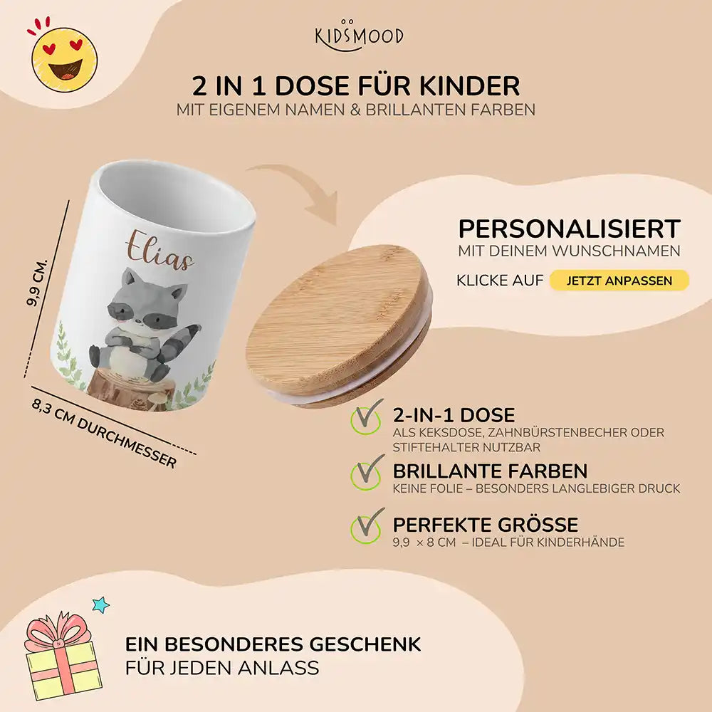 Personalisierte Keksdose Waschbär Wald - mit eigenem Namen fuer kleine Schleckermaeuler