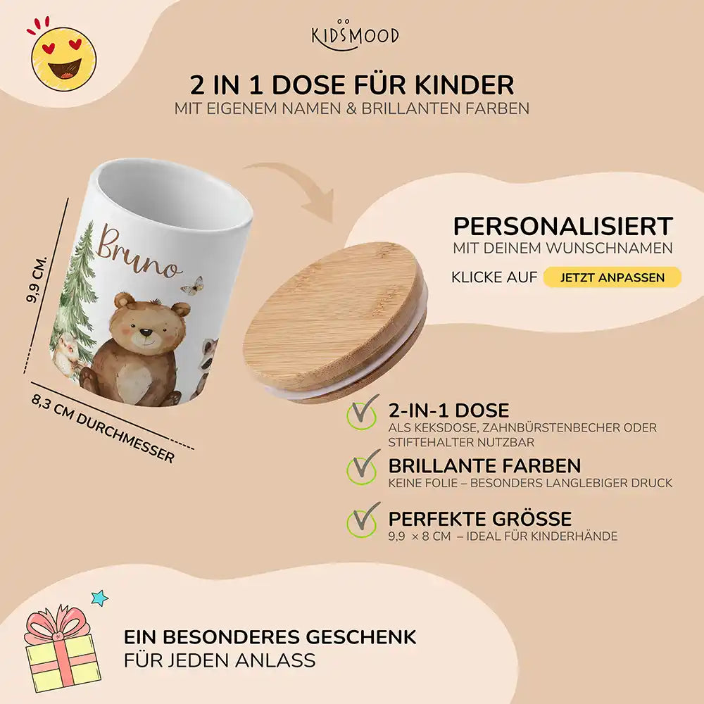 Personalisierte Keksdose Bär & Waschbär - mit eigenem Namen fuer kleine Schleckermaeuler