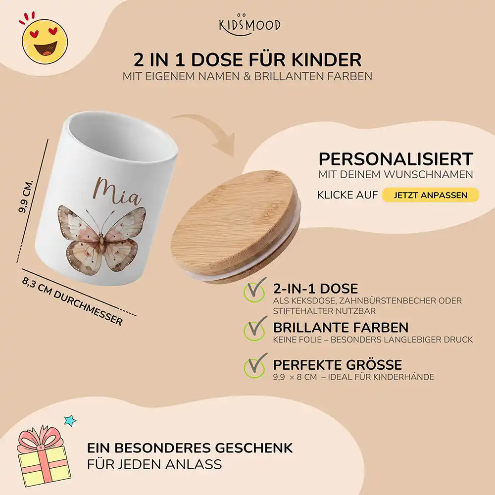 Personalisierte Keksdose Schmetterling - mit eigenem Namen fuer kleine Schleckermaeuler