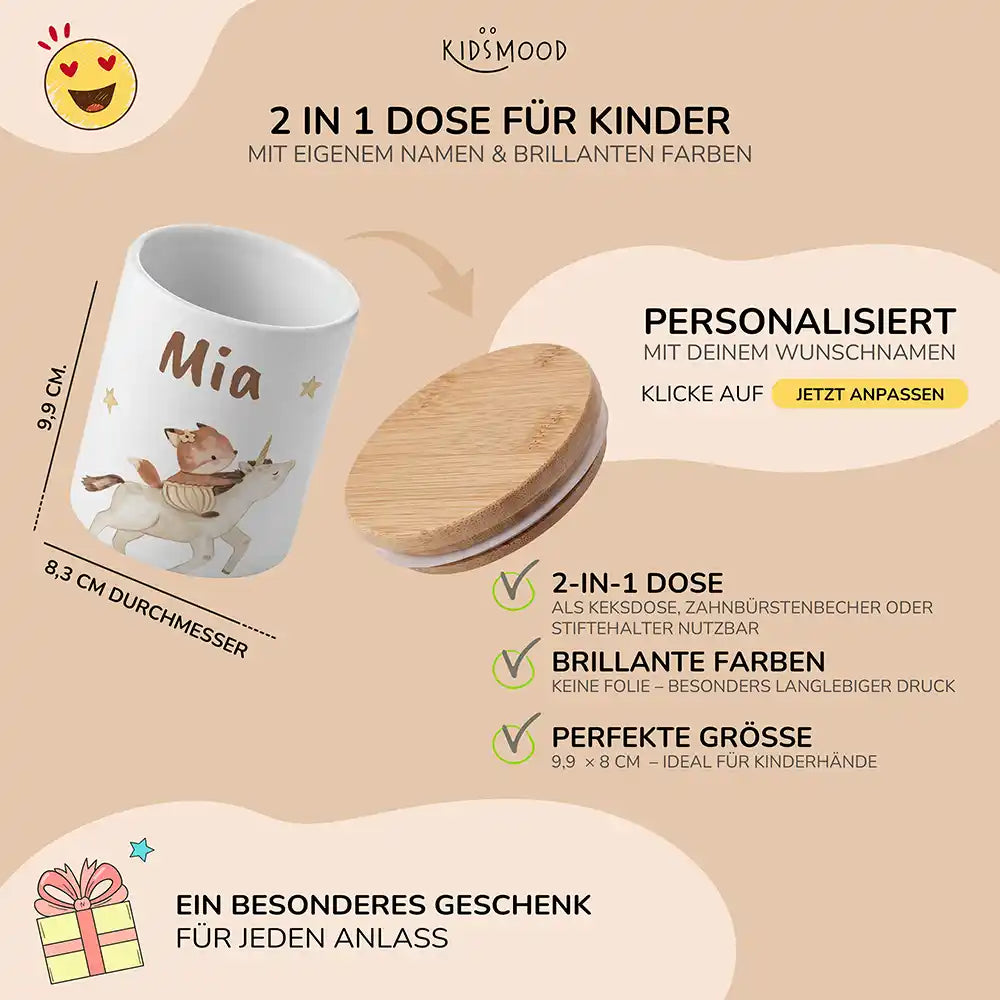 Personalisierte Keksdose Fuchs & Einhorn - mit eigenem Namen fuer kleine Schleckermaeuler