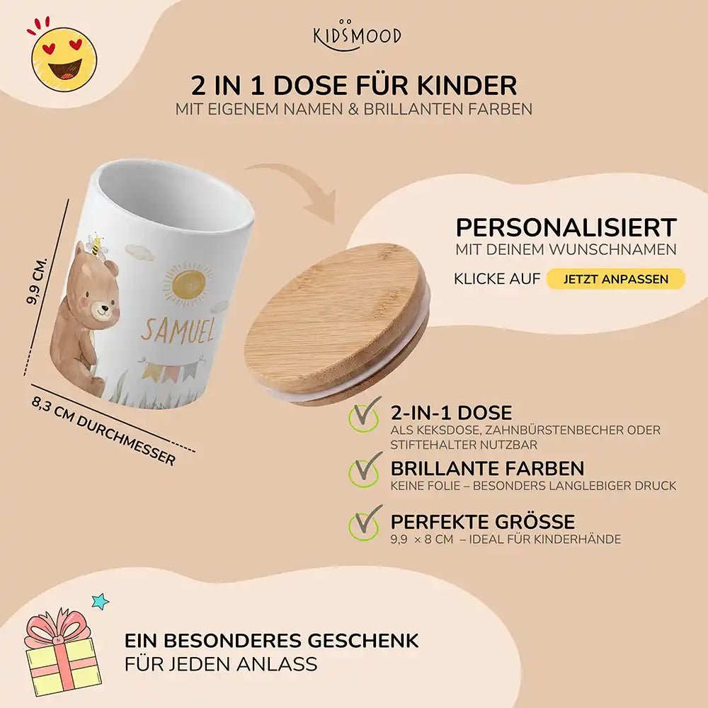 Personalisierte Keksdose Bär Sommer - mit eigenem Namen fuer kleine Schleckermaeuler