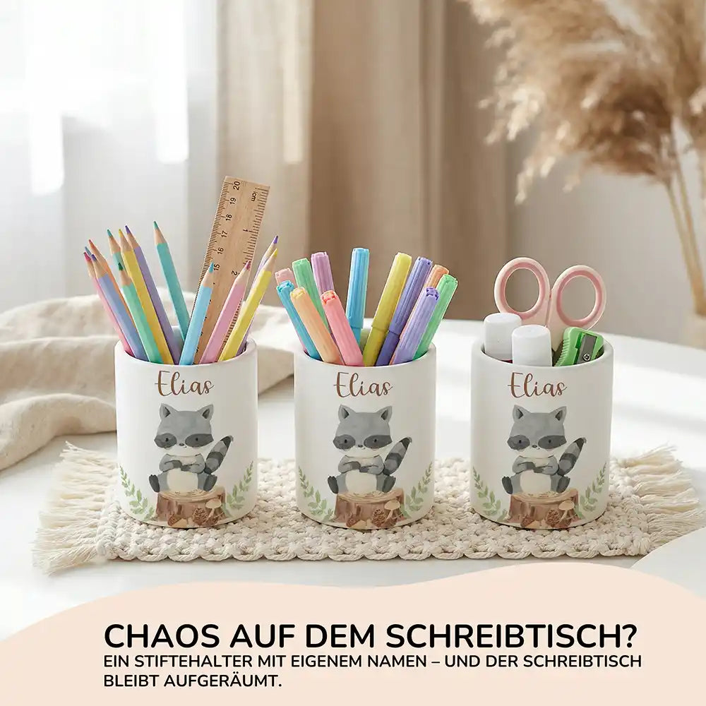 Personalisierter Stiftehalter Waschbär Wald aus Keramik - Wunschname - Kidsmood.de