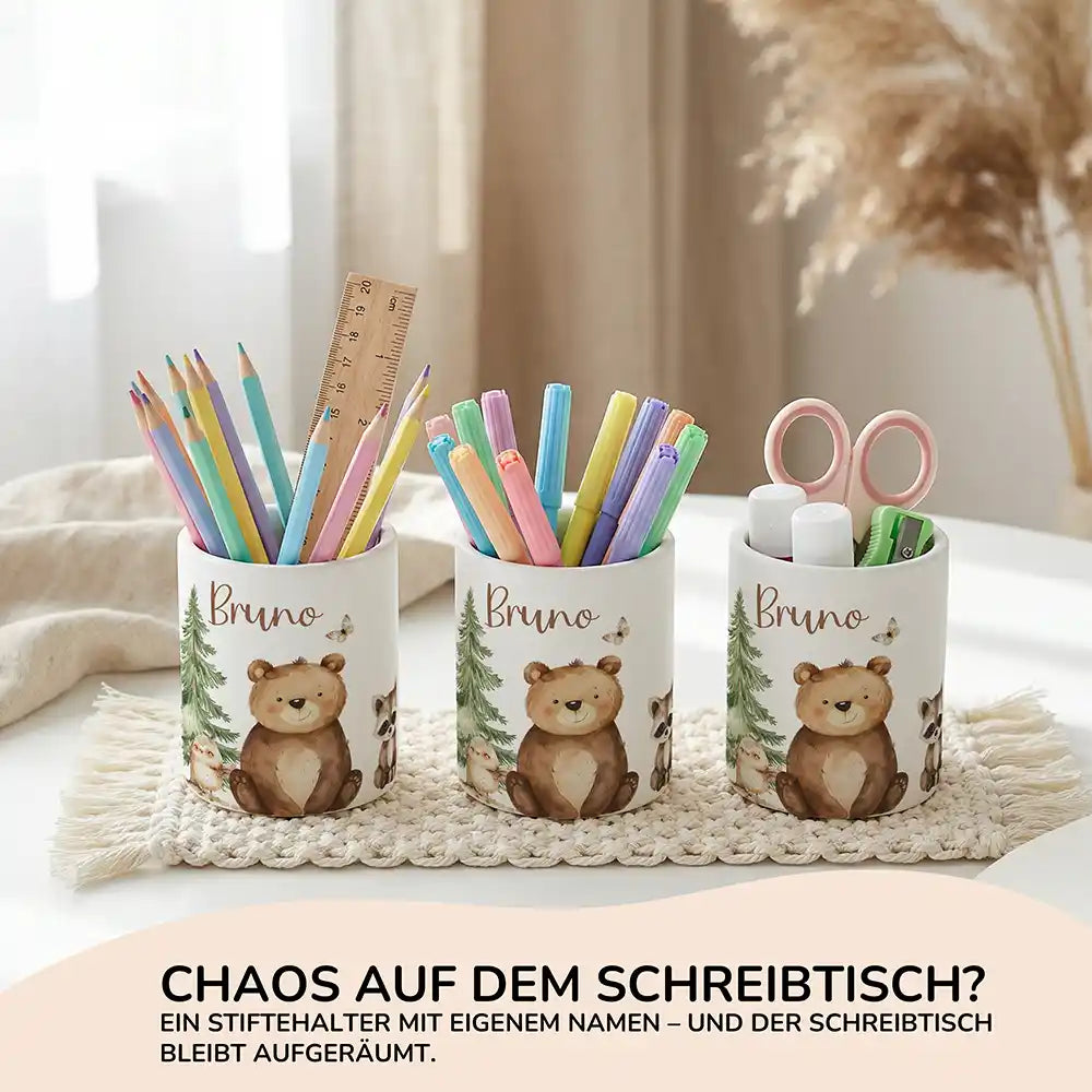 Personalisierter Stiftehalter Bär & Waschbär aus Keramik - Wunschname - Kidsmood.de