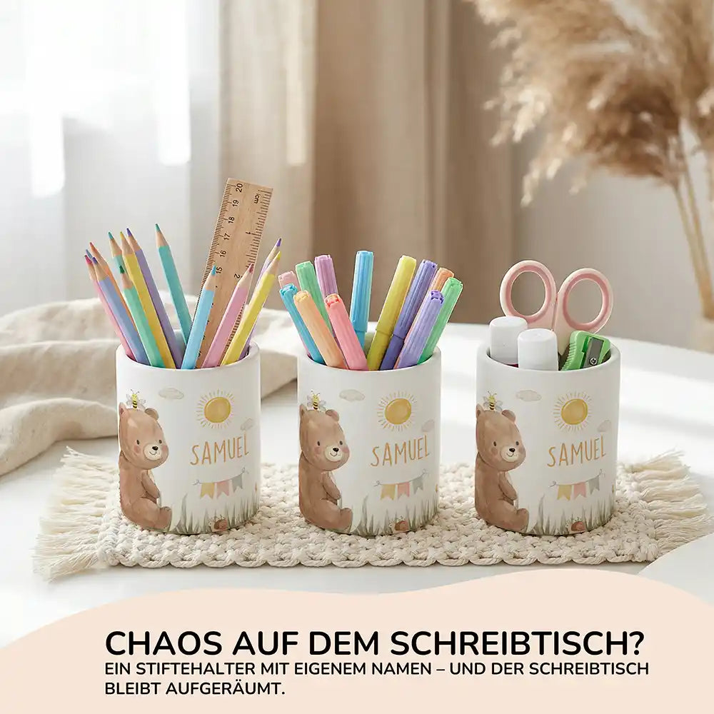 Personalisierter Stiftehalter Bär Sommer aus Keramik - Wunschname - Kidsmood.de