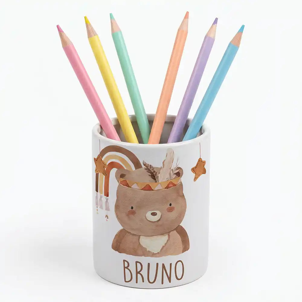 Personalisierter Stiftehalter Boho-Bär - Keramik-Dose (auch als Spardose nutzbar)