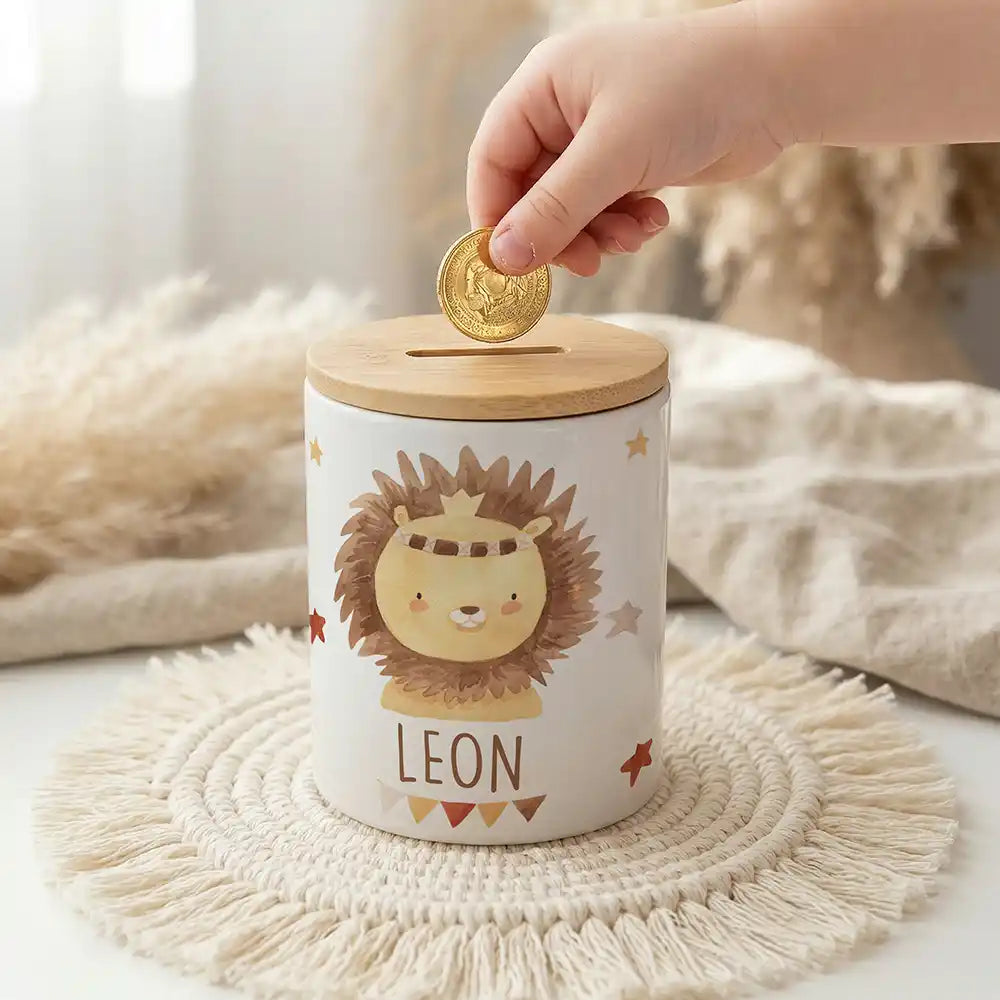 Spardose Löwe Boho personalisiert – Keramik mit Name